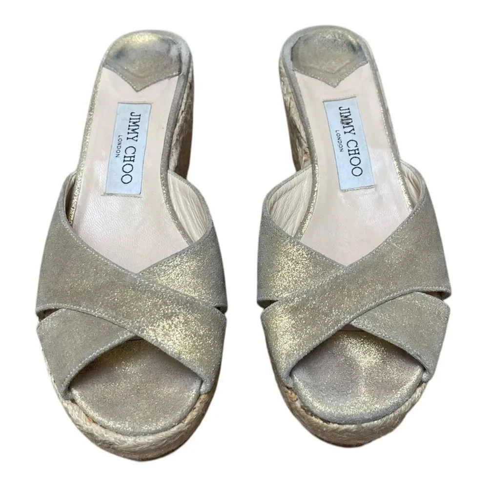 Jimmy Choo Gold Shimmer Espadrille Wedge Sandals Crisscross Women’s Size 39 8.5